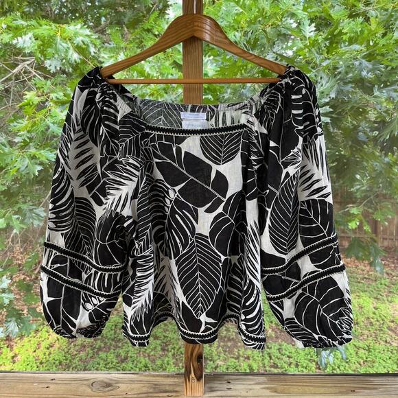 Cynthia Rowley Black And White Botanical Print 100% Linen Blouse Size L. NEW - Picture 1 of 7